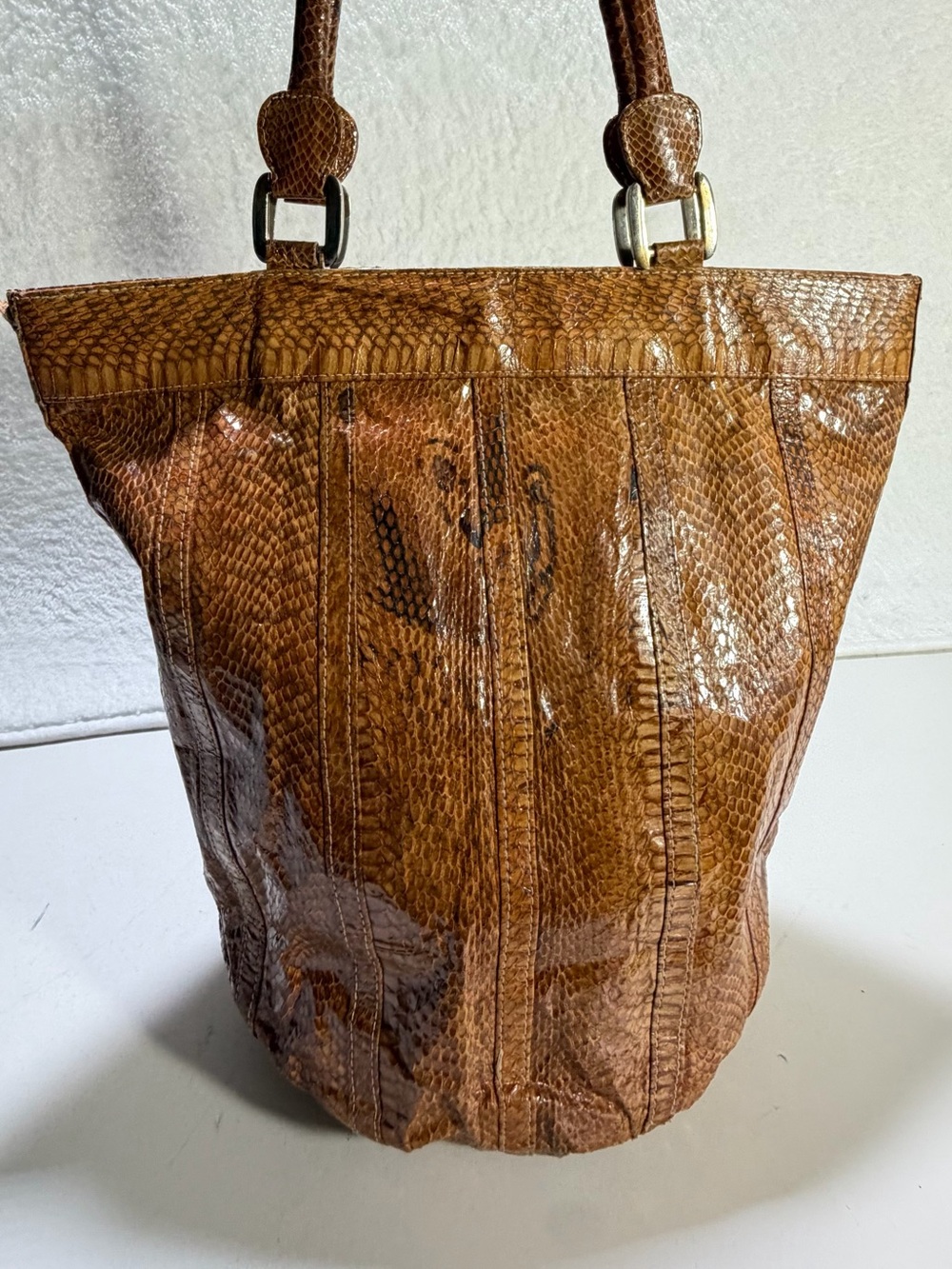 Hand crafter Reptile Snakeskin leather Patchwork Bucket Tote Bag Brown
